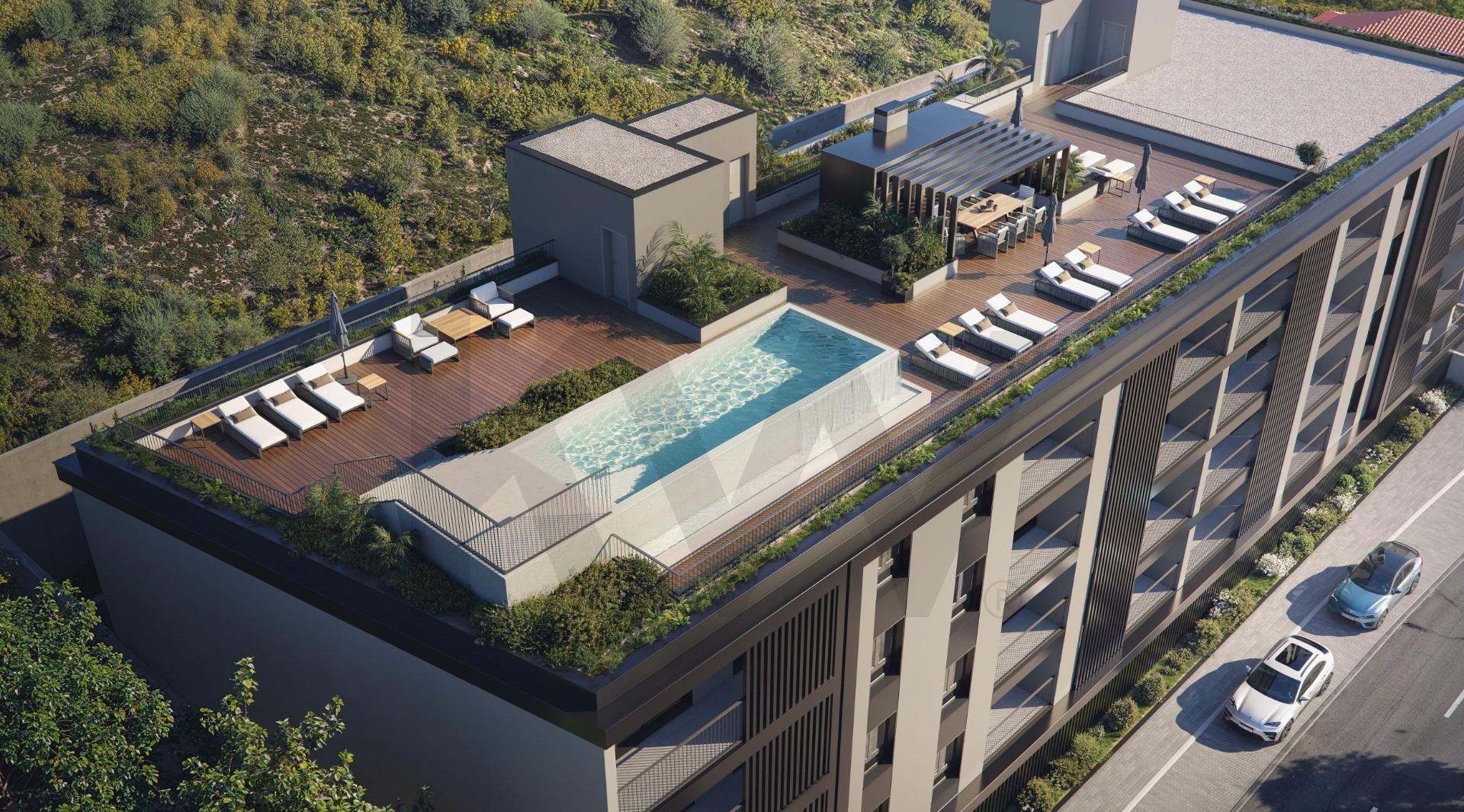 Lobos Views — vista aérea do empreendimento e piscina de cobertura