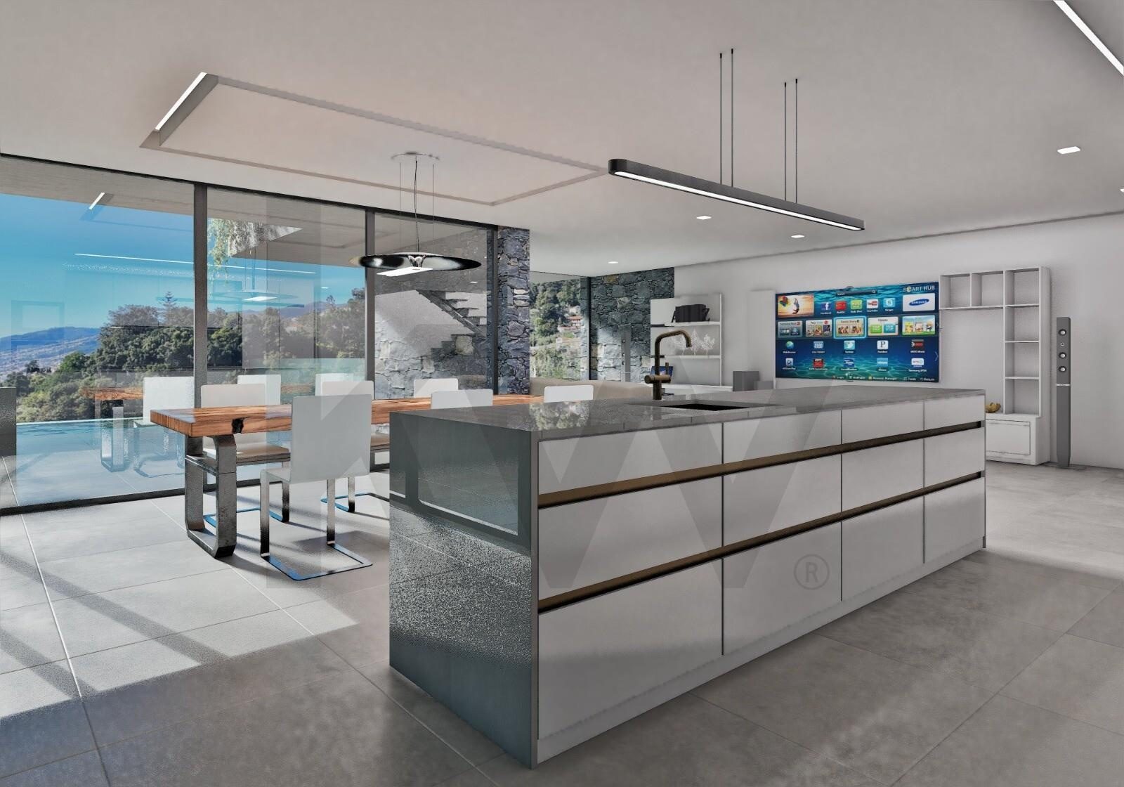 Villa São Gonçalo — cozinha contemporânea aberta à sala